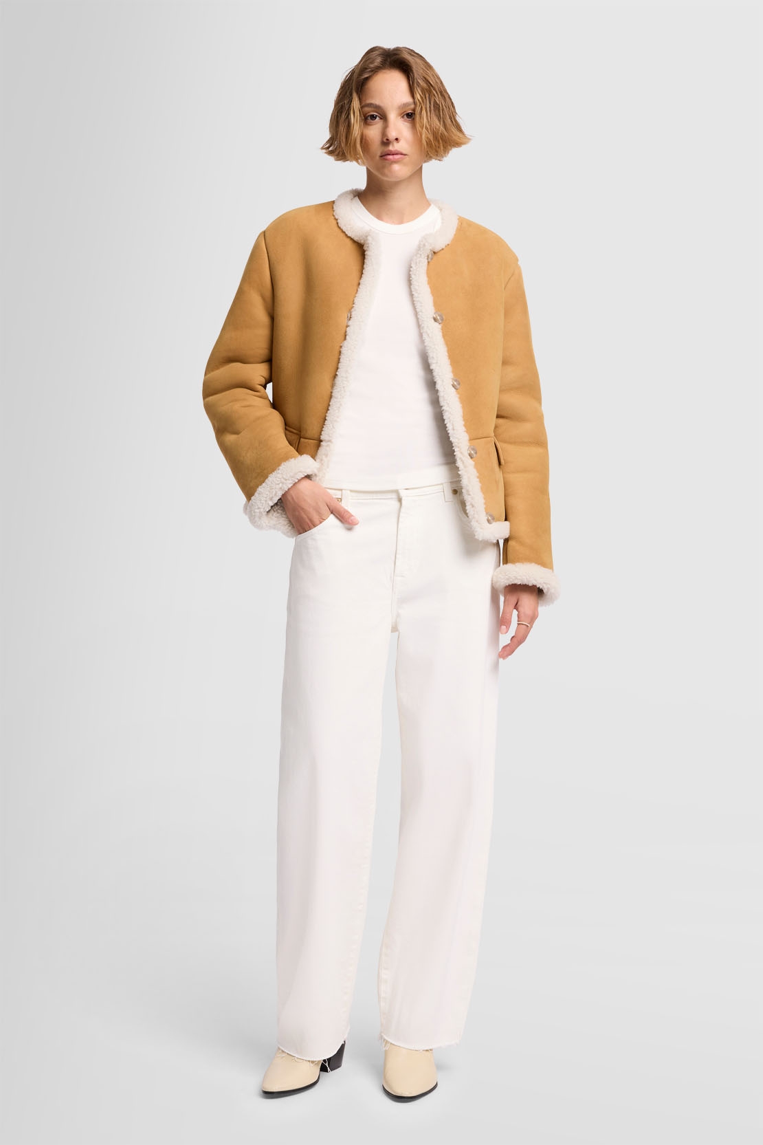 Crop Shearling Jacket Leather Porcini - Jacket | 7 For All Crop Shearling Jacket Leather Porcini - Jacket | 7 For All