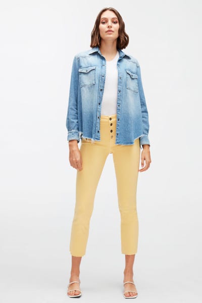  THE STRAIGHT CROP COLORED STRETCH WITH EXPOSED BUTTONS & WITH RAW CUT MIMOSA 